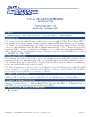 First board meeting agenda template - Task Order Number 7 Advanced Purified Water Treatment Plant Phase I Preliminary Design - epwu