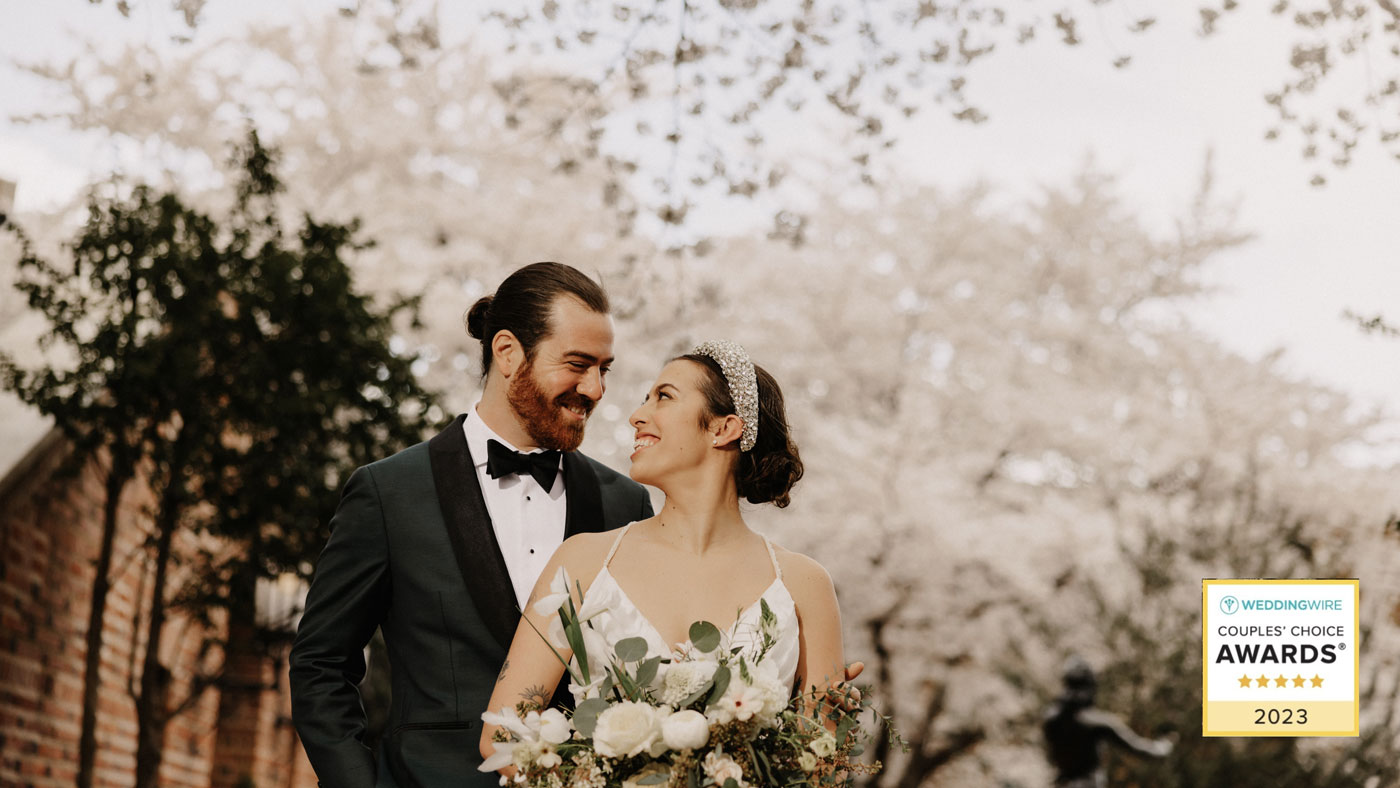 A bride and groom in the Warden Gardens.