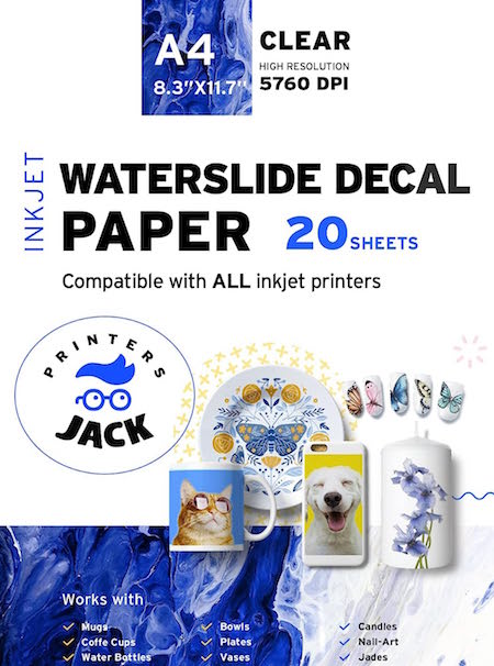 Printers Jack Water Slide Decal Paper Inkjet 20 Sheets A4 Size Premium Water Slide Transfer