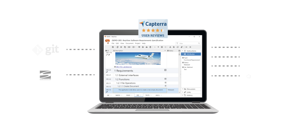 ReqView is simple to use HW/SW requirements management tool supporting powerful version control in Git or Subversion.