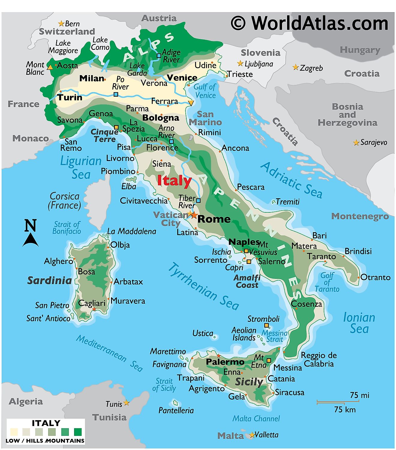 Mapa físico de Italia que muestra el terreno, las montañas, los puntos extremos, las islas, los ríos, las principales ciudades, las fronteras internacionales, etc.