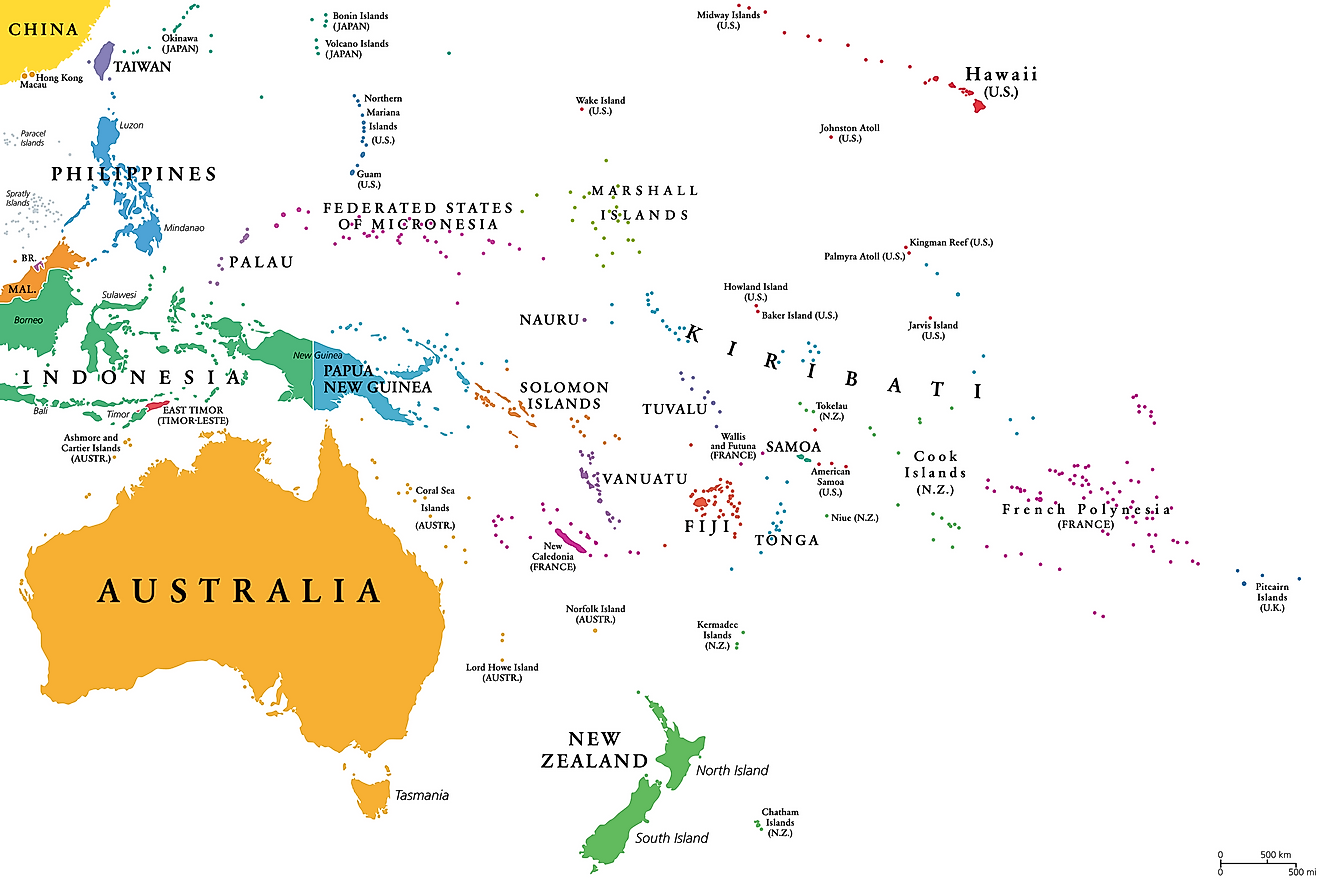 Map showing Oceanian countries and some Southeast Asian nations.