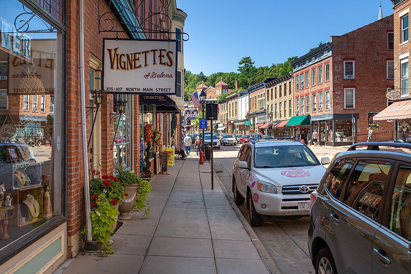 Quaint shops are on Main Street in Galena, Illinois. Image credit Wirestock via iStock.com