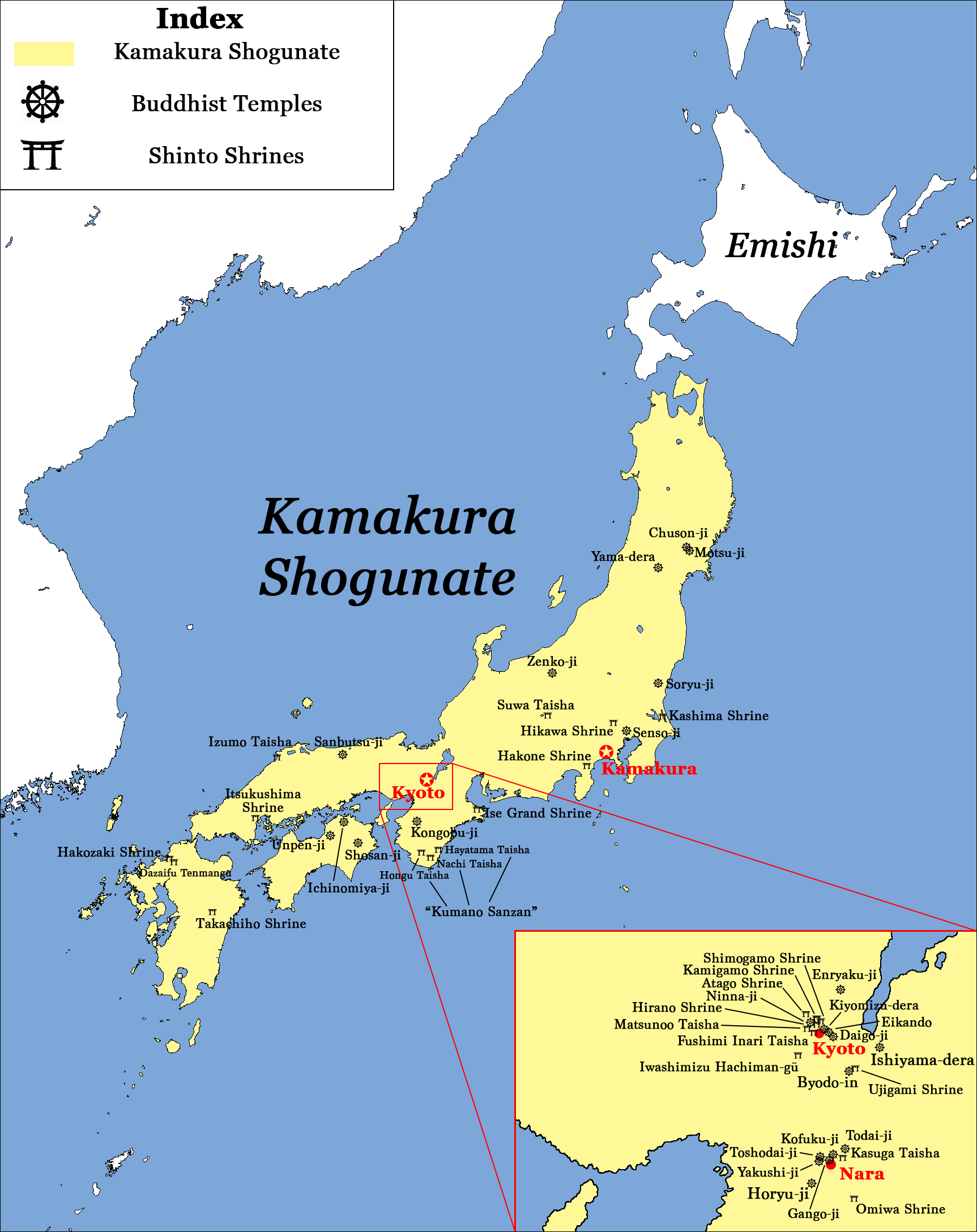 Major Temples and Shrines of Japan circa 1200 CE, Kamakura Shogunate ...