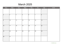 March 2025 Calendar with Notes