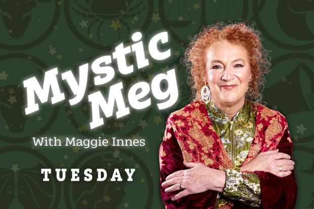 an advertisement for mystic meg with maggie innes