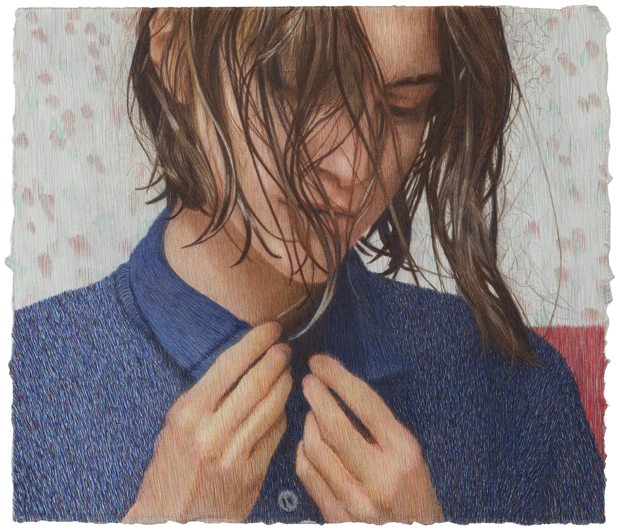a graphite and colored pencil drawing by Tarka Kings of a woman with wet hair buttoning up the collar of a blue shirt