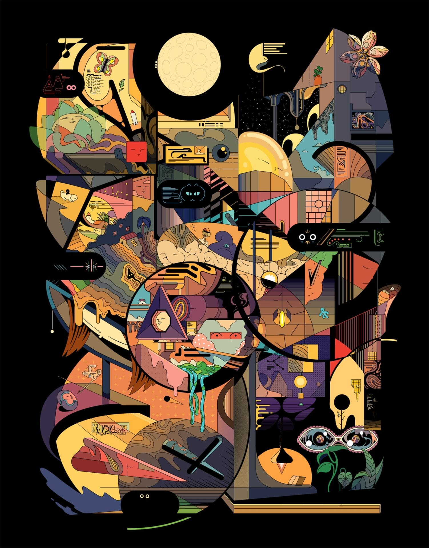on a black backdrop, a chaotic mishmash of cartoon characters, mechanics, and natural details with a moon at the top and a drippy, tendril like form in the center