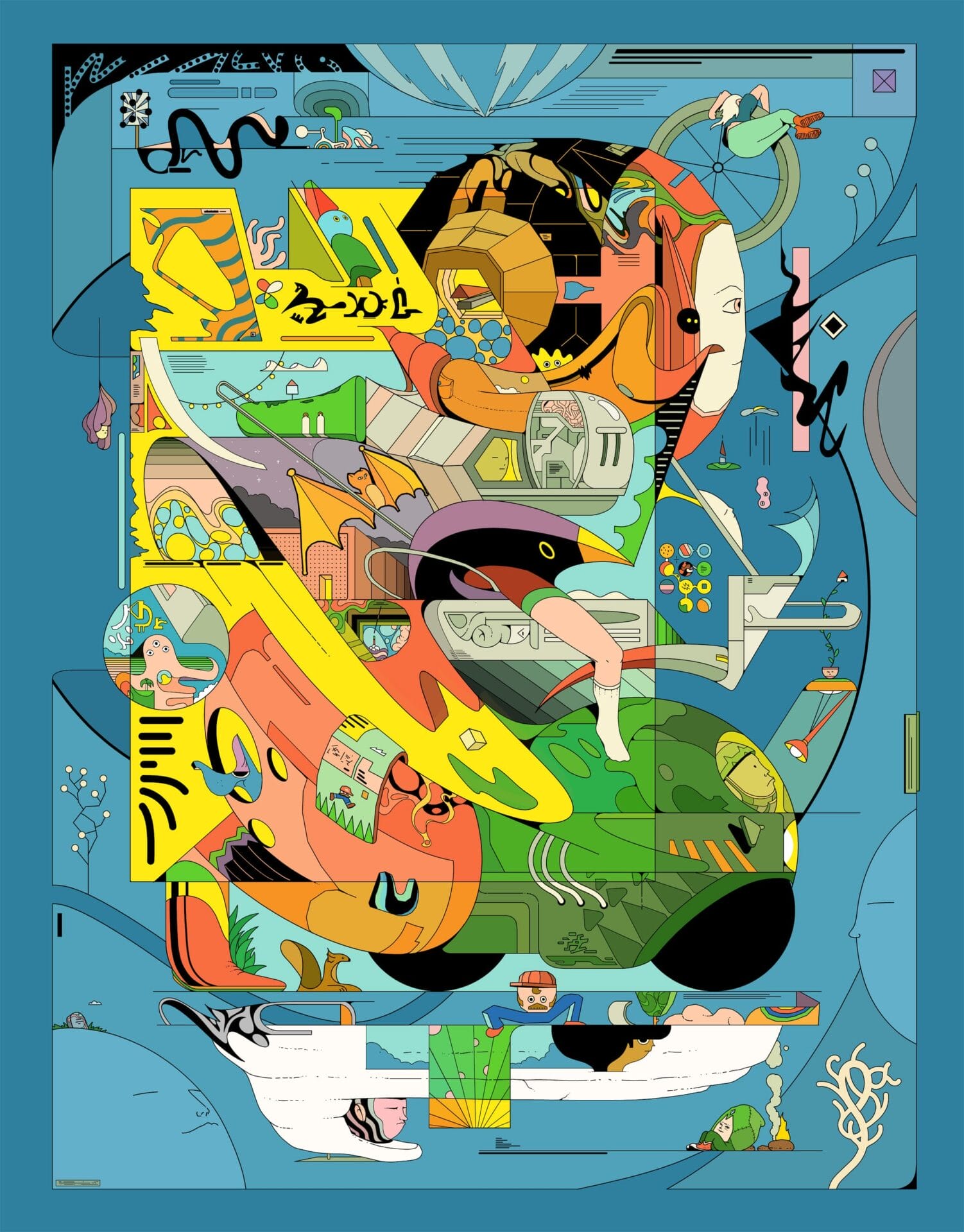 on a blue backdrop, a chaotic mishmash of cartoon characters, mechanics, and planetary details