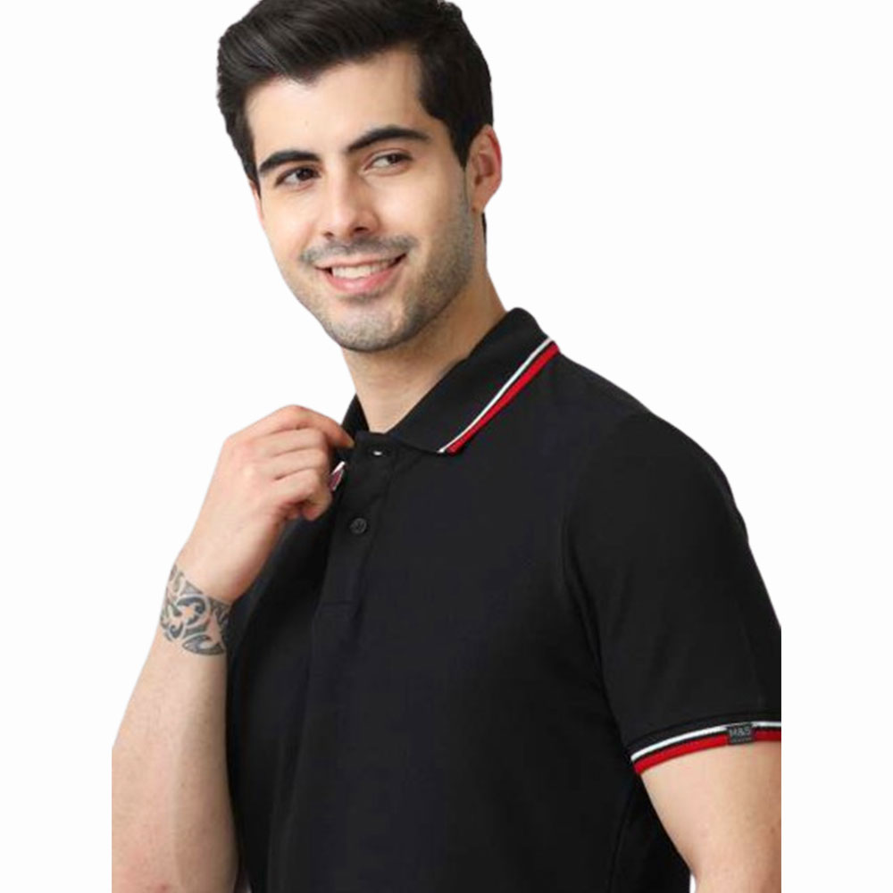 MARKS & SPENCERS POLO NECK BLACK T-SHIRT -COTTON PLAIN  WITH TIPPING