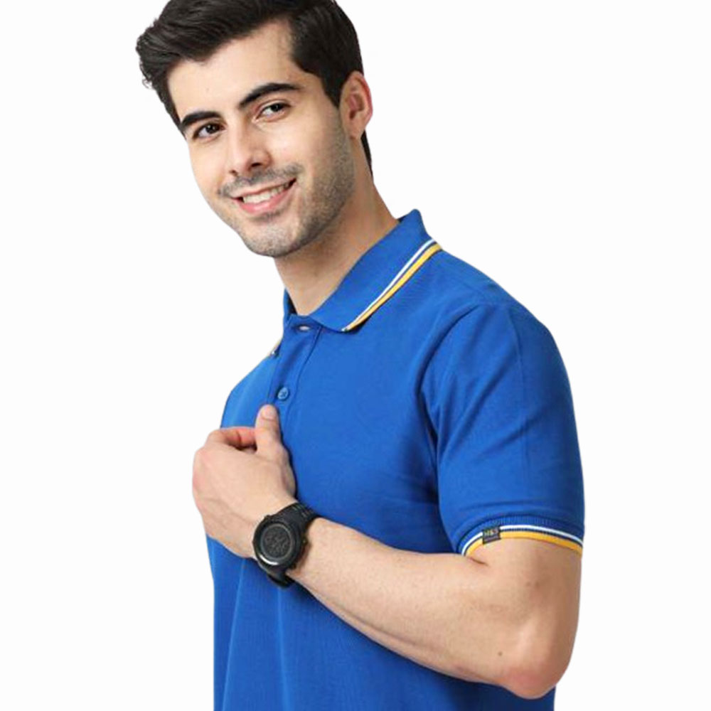 MARKS & SPENCERS POLO NECK ROYAL BLUE T-SHIRT -COTTON PLAIN  WITH TIPPING