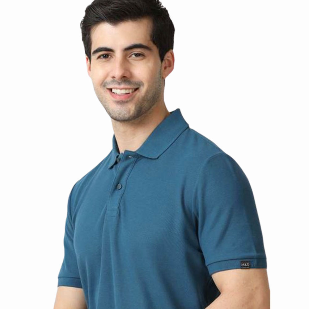 MARKS & SPENCERS POLO NECK TEAL BLUE  T-SHIRT -COTTON PLAIN