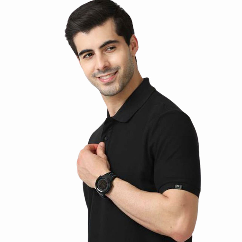 MARKS & SPENCERS POLO NECK  BLACK T-SHIRT - COTTON PLAIN