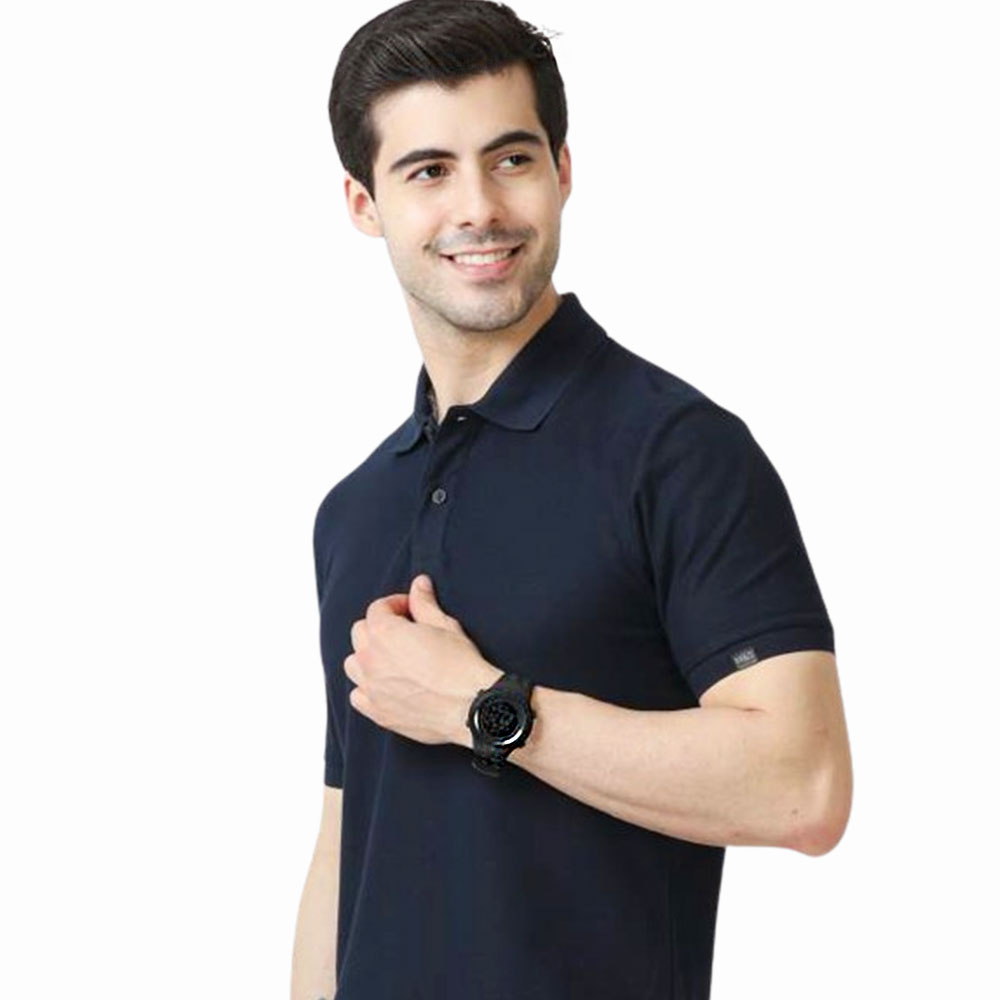 MARKS & SPENCERS POLO NECK NAVY BLUE  T-SHIRT - COTTON PLAIN