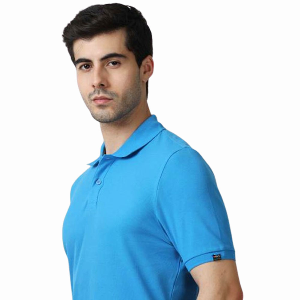 MARKS & SPENCERS POLO NECK SEA BLUE T-SHIRT - COTTON PLAIN