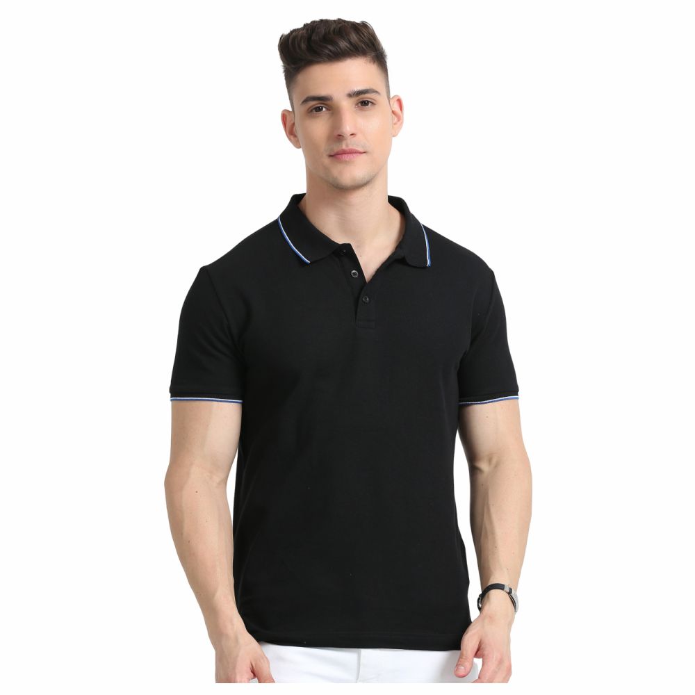 SKECHERS - BLACK POLO WITH WHITE AND ROYAL BLUE TIPPING T - SHIRT - 100% COTTON