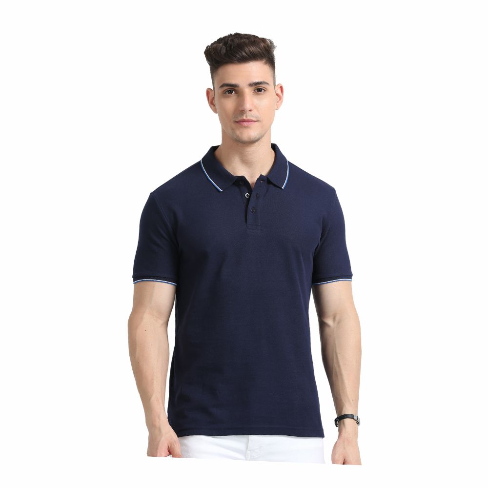 SKECHERS - NAVY BLUE POLO WITH WHITE AND ROYAL BLUE TIPPING T-SHIRT - 100% COTTON