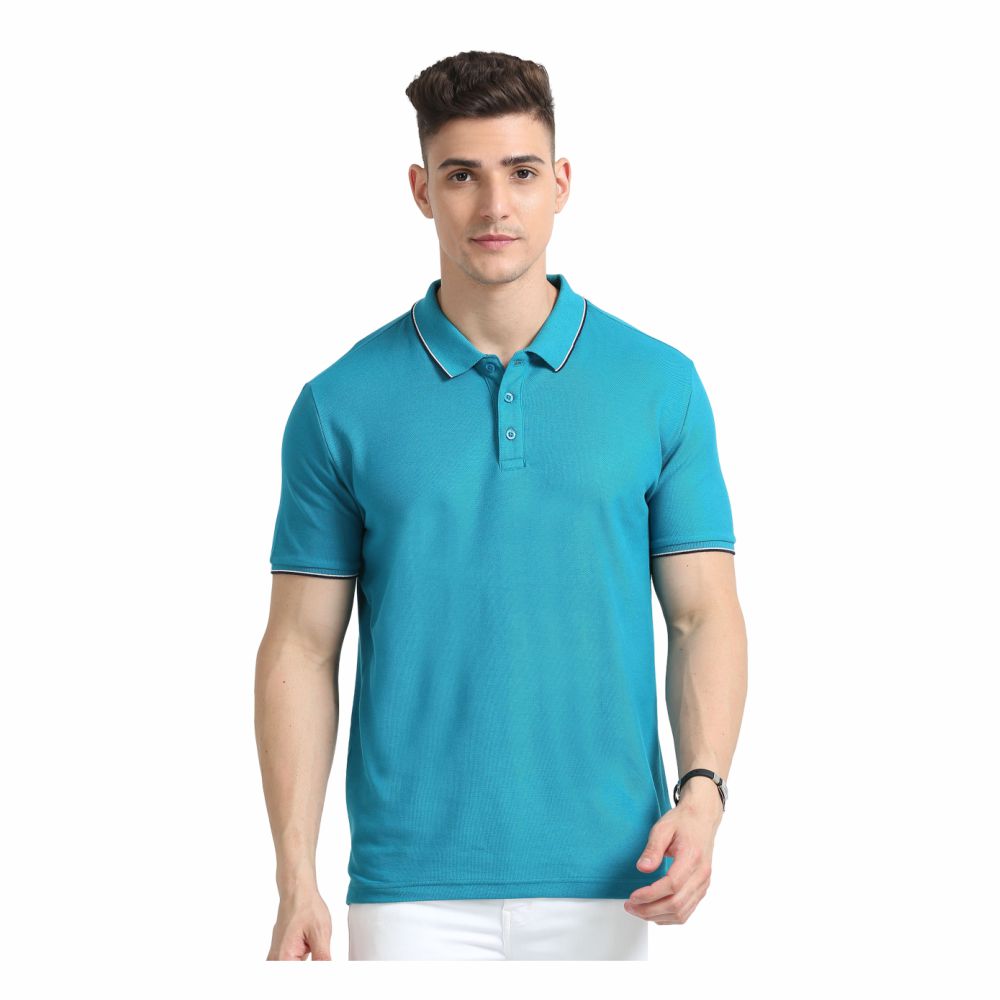 SKECHERS - TURKISH BLUE POLO WITH WHITE AND NAVY BLUE TIPPING T-SHIRT - 100% COTTON