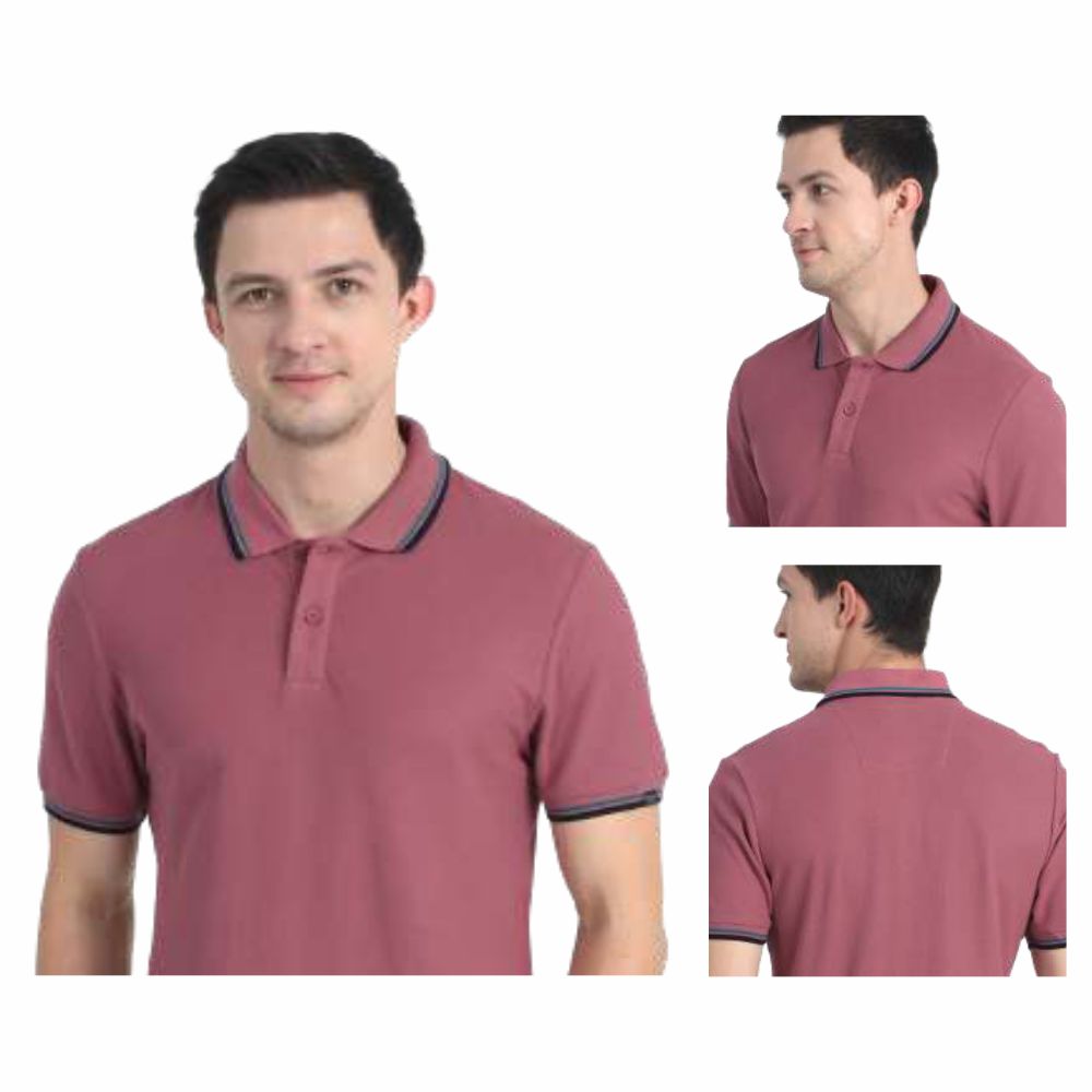 MARKS & SPENCERS POLO NECK PLUM T-SHIRT - COTTON PLAIN WITH TIPPING