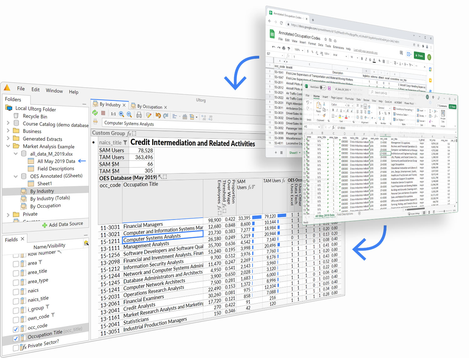 Screenshot of Ultorg using Microsoft Excel and Google Sheets as data sources