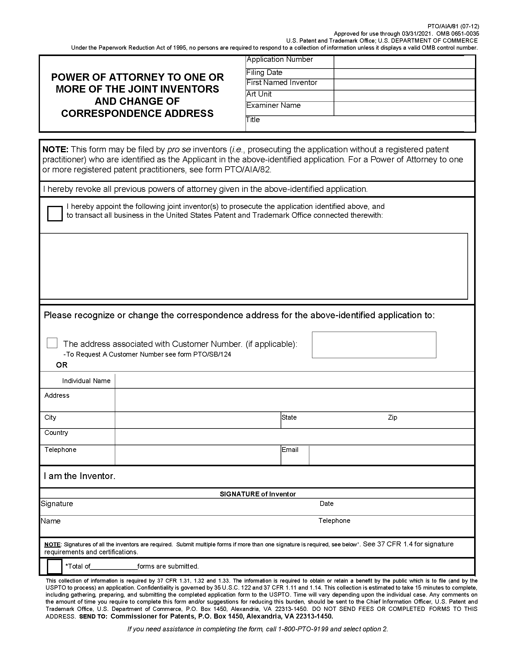 Power of Attorney form PTO/AIA/81 page 1