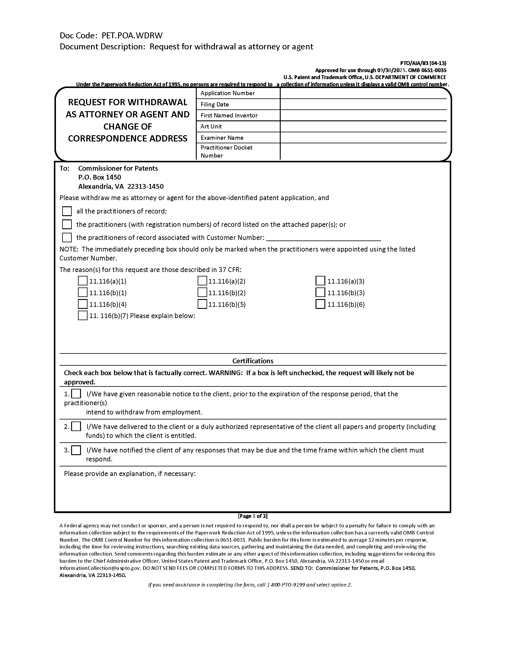 Form PTO/SB/83 Request for Withdrawl As Attorney or Agent and Change of Correspondence Address Form