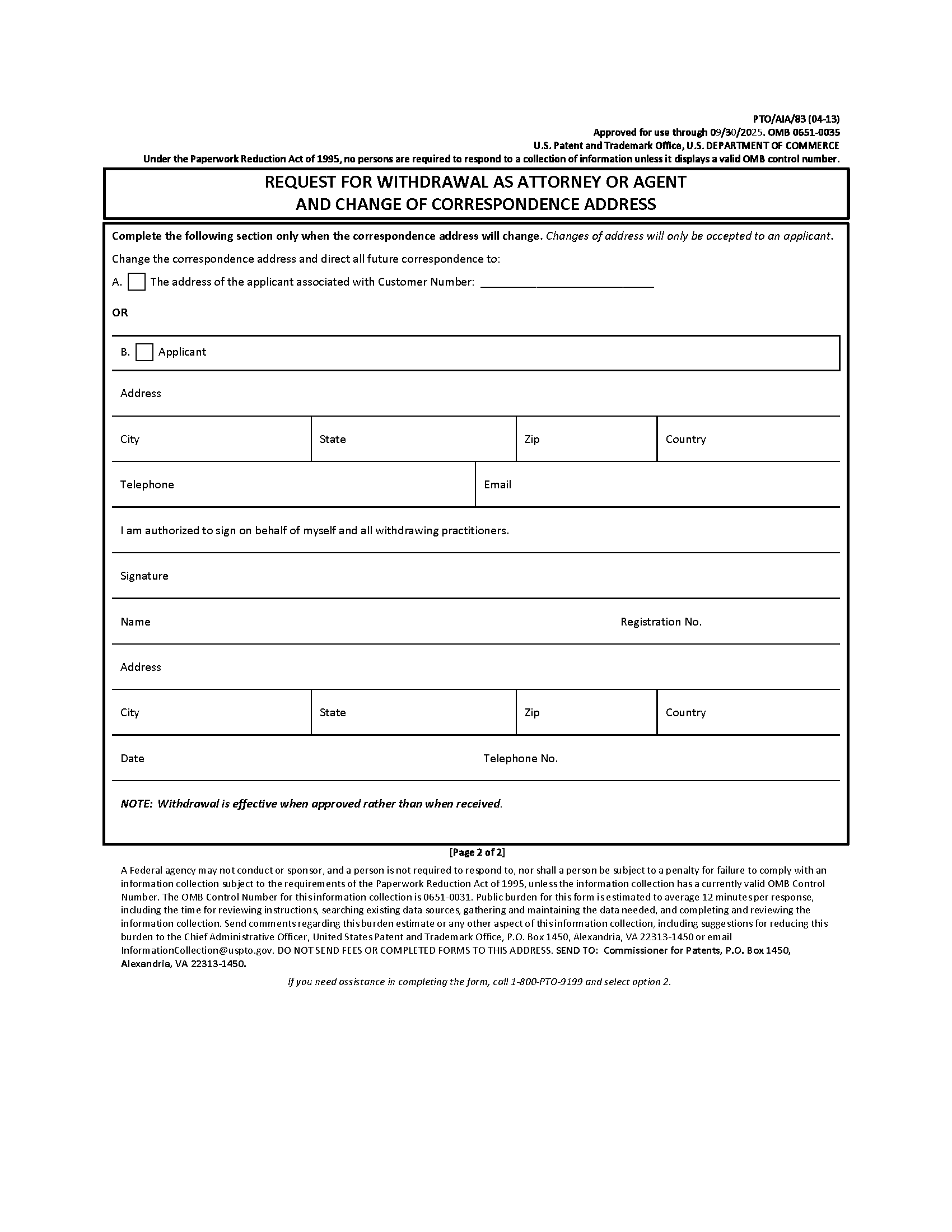 Form PTO/SB/83 Request for Withdrawl as Attorney or Agent And Change of Correspondence Address