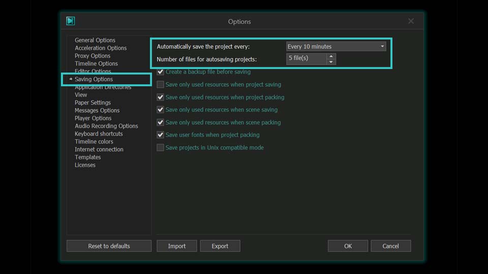 Configuración del guardado automático en VSDC