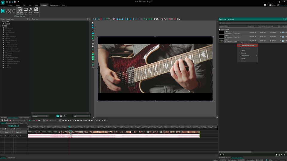 Creare un clip multicamera da file video e audio importati in VSDC