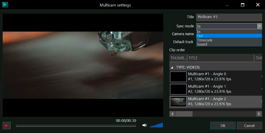Scegliere la modalità di sincronizzazione per un clip multicamera in VSDC