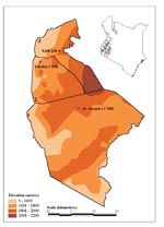 Thumbnail of Locations of the three study hospitals and the administrative districts they serve in the highlands of western Kenya. The inset map of Kenya shows the 15 districts designated by the Government of Kenya as at risk from unstable, temperature-limited, and hence epidemic malaria. The three districts shaded in red are those in the large map. The St. Joseph’s Catholic Mission Hospital (CMH) at Kilgoris, Tabaka CMH, and Kisii District Hospital are shown within their administrative boundaries of (1) Trans Mara, (2) Gucha and (3) Kisii Central District, respectively. The districts are shown against a backdrop of a digital elevation model for which a key is provided. North is to the top of the page.