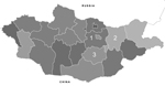Thumbnail of The 3 aimags from which nasal swab specimens were collected from healthy Bactrian camels, for influenza A virus testing, Mongolia, 2012. 1, Töv;, 2, Khentii; 3, Dundgovi.