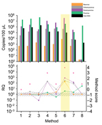 Thumbnail of Comparison of enrichment methods used for development of tissue-based universal virus detection for viral metagenomics protocol. Copy numbers were measured by quantitative PCR in duplicate. RQ, relative quantification: RQ (2 – ΔΔCt); (ΔΔCt = Δ purified – Δ unprocessed). Lower panel left y-axis indicates signal-to-noise ratio (RQ) for all viruses tested. The method with the highest score was used to establish the protocol and is shaded in yellow. Red stars indicate highest scores. Di