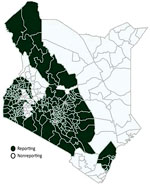 Counties reporting sexual violence cases before and after rollout of COVID-19 mitigation measures, Kenya, January 2015–June 2021. The shaded areas indicated counties that have complete sexual violence reports in the Kenya DHIS-2 database, which were included in the analyses. The following counties did not report sexual violence data to the DHIS-2: Baringo, Bomet, Elgeyo-Marakwet, Garissa, Isiolo, Kericho, Kwale, Lamu, Mandera, Marsabit, Nandi, Taita Taveta, Tana River, Wajir, and West Pokot. DHIS-2, District Health Information System 2.