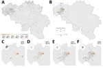 Spatiotemporal dispersal history of H3N1 lineages in study combining phylogeographic analyses and epidemiologic contact tracing to characterize the atypically pathogenic avian influenza (H3N1) epidemic in Belgium during 2019. A, B) We mapped the spatiotemporal distribution of H3N1 outbreaks (triangles) among the distribution of Belgian poultry farms (gray dots) (A) and the maximum clade credibility tree obtained by continuous phylogeographic inference on the basis of 1,000 posterior trees (B). The tree is superimposed on 80% highest posterior density polygons reflecting phylogeographic uncertainty associated with inferred positions of internal nodes. Tip (squares) and internal (circles) nodes are displayed, and dispersal direction of viral lineages is indicated by the edge curvature (anticlockwise). Outbreaks, tree nodes, and highest posterior density regions are all colored according to their date of occurrence. C–F) Four snapshots of the area shown in the box in panel B, which display the dispersal history of H3N1 lineages through time and on which we coplotted the wind direction and intensity (length of line, not used for hypothesis testing) recorded for the days in each period. The period was defined as the time between the date of the previous snapshot and the date of the snapshot under consideration. Wind direction and intensity were averaged measurements taken at 2 meteorological stations (1, Beitum; 2, Melle). A visual comparison between the time-scaled tree and the phylogeographic reconstruction is provided in Appendix.