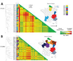 Global characterization (sequence type, year of isolation, β-lactamase content) of nonduplicate 95 OXA-232–producing Klebsiella pneumoniae analyzed at the National Reference Center for Carbapenem-Resistant Enterobacterales, France, 2013–2021. Scale bar indicates the number of SNP per position of common sequences. CMY-6, variant of C. freundii intrinsic cephalosporinase; CTX-M, cefotaximase–Munich extended-spectrum β-lactamase; OXA, oxacillinase; NDM, New Delhi metallo-β-lactamase; ST, sequence type, TEM, Temoniera β-lactamase.