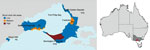 Locations of Buruli ulcer–endemic areas included in comprehensive case-control study of protective and risk factors for Buruli ulcer, Victoria, Australia. Colors indicate risk classifications at beginning of the study period, and numbers indicate percentage of total participating case-patients for each location within the study area. Full map of Australia shows study area in southeastern region. 