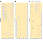 Longitudinal reverse-transcription PCR results of 593 participants by type of educational setting in study of infection rates, symptomatic proportion, and age-dependent risk profiles of SARS-CoV-2 and influenza in pediatric population, China, 2023. A) Childcare centers; B) primary schools; C) secondary schools (both junior secondary schools and high school). Each row shows longitudinal test results of 1 participant. Data are missing if no sample was tested. 