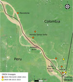 Leticia municipality and Three Borders (Colombia, Peru, and Brazil) region in study of co-circulation of 2 Oropouche virus lineages, Amazon Basin, Colombia, 2024. Symbols indicate residential locations of 8 patients infected with OROV in Leticia municipality. Colored circles and diamonds indicate patients infected with each OROV lineage. Macedonia, Vereda Santa Sofia, Santa Rosa de Yavari, and Tabatinga correspond to indigenous communities or cities. Map was created by using QGIS 3.36.0 RC (https://www.qgis.org). OROV, Oropouche virus.