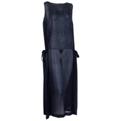 Handmade Sheer Navy Czech Glass Bead Tabard Flapper Dress, France - M-L, 1920s