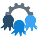 Three blue Octopus icons in front of a grey cog