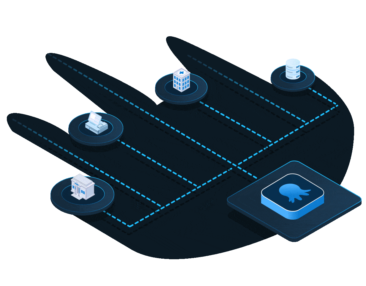 Animation of Octopus Deploy, deploying to a bank, POS, hospital and databse