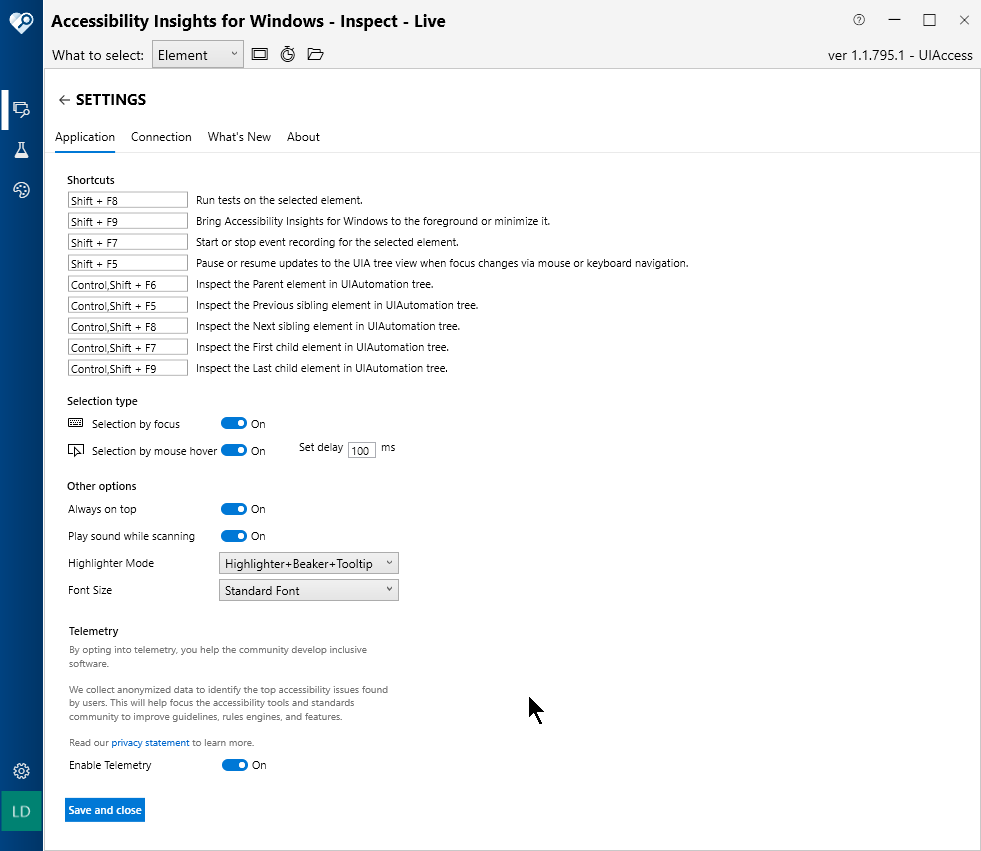 Settings view with the Application tab open.