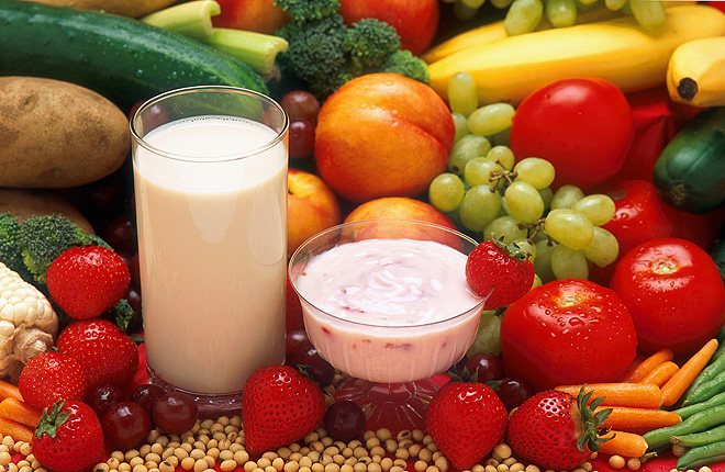 Fresh fruits and vegetables, soy milk, and low-fat yogurt