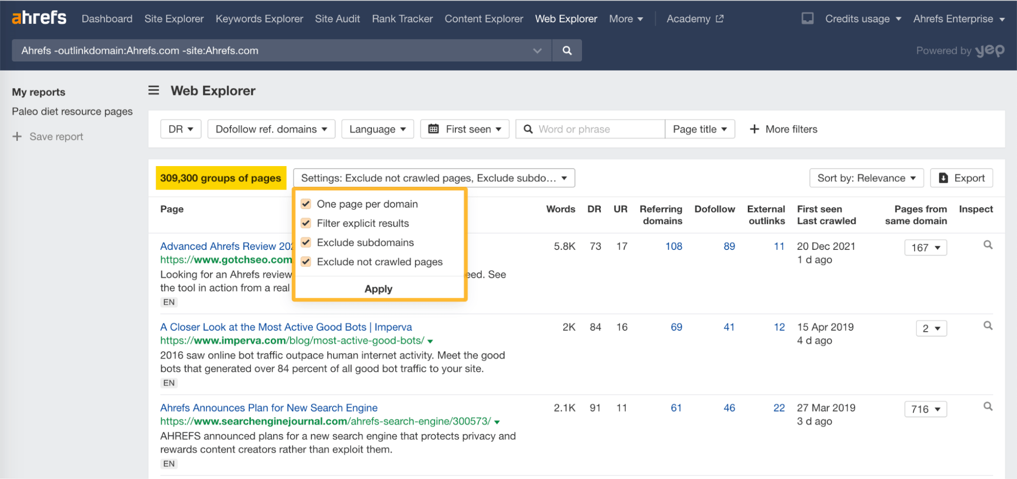 "One page per domain" filter applied, via Ahrefs' Web Explorer