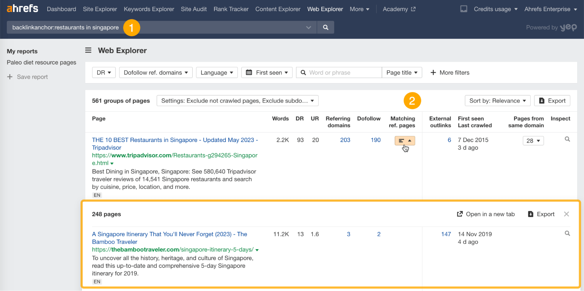 Filtering pages by inlink properties, via Ahrefs' Web Explorer