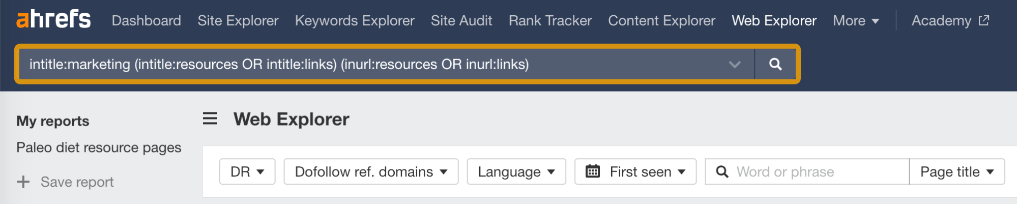 Find resource pages in a niche, via Ahrefs' Web Explorer