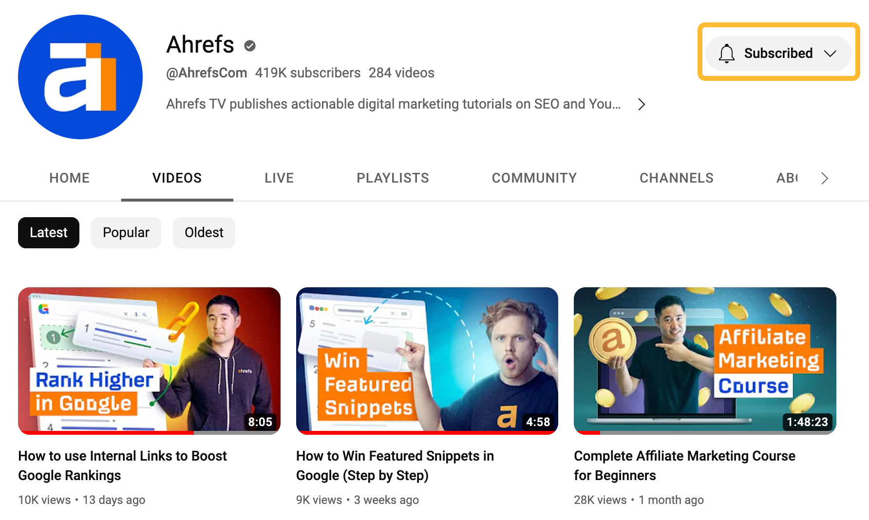 The "subscribe" button on Ahrefs' YouTube page