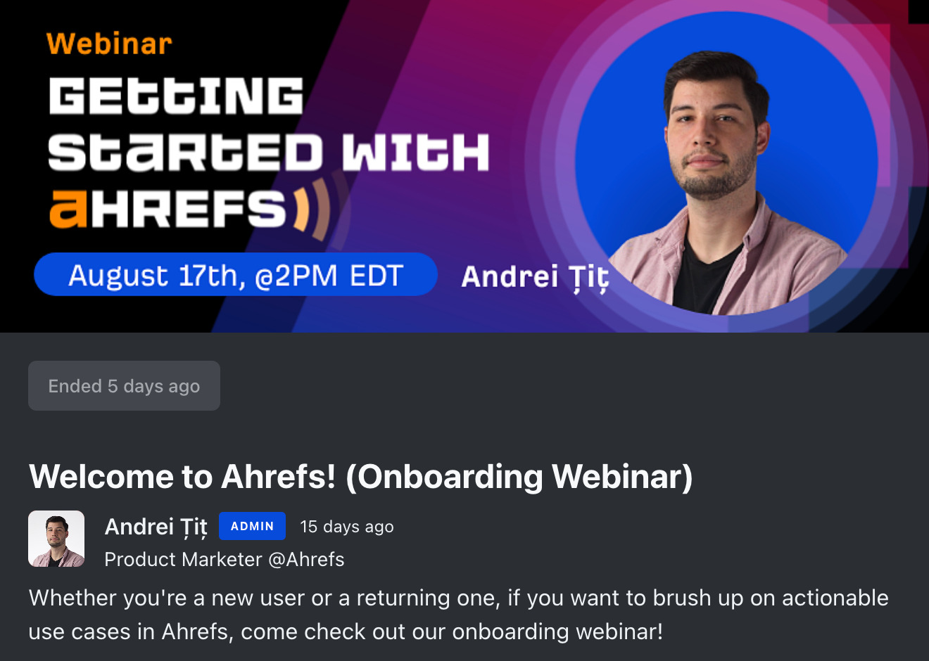 A webinar from Ahrefs