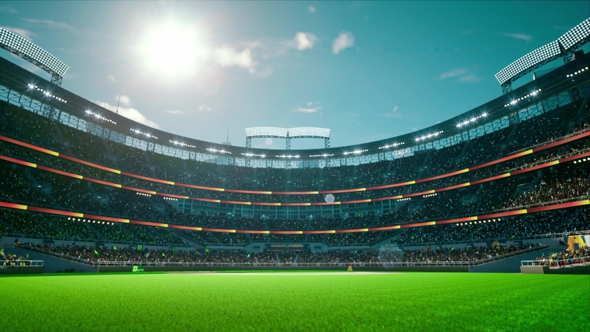 Empty stadium arena with animated fans crowd in the sunny day lights